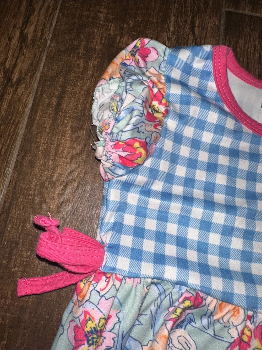 Girls Blue Gingham & Pink Floral Dress